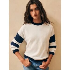 Faherty Beach Fleece Ringer Crewneck Pullover Sweater Size S in Navy and White